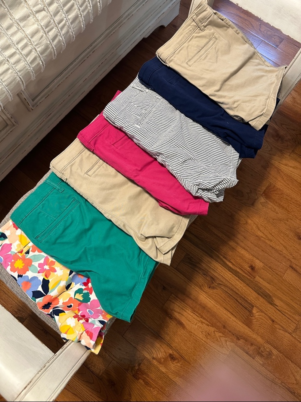 St. John's Bay Women's Shorts - Green, Khaki, Pink, Navy, Striped. Seven pairs.